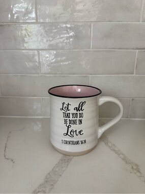 T.J.Maxx White Ceramic Mug with Pink Interior and Black Trim